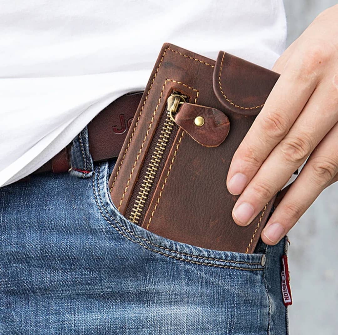 Portefeuille en cuir véritable avec fermeture zippée